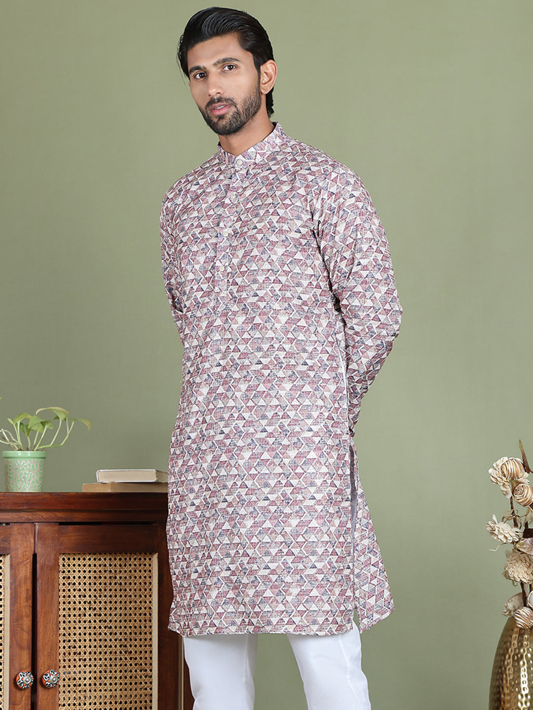 Embroidered and Printed Cotton Blend Kurtas. ( ko 5141Brown )