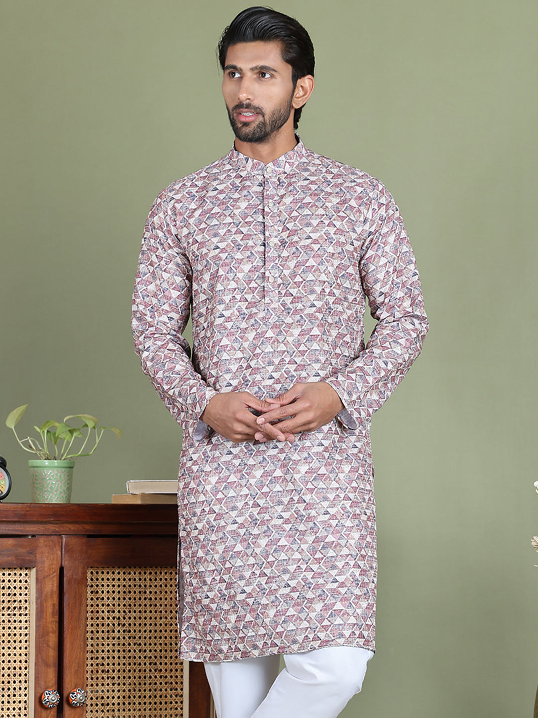 Embroidered and Printed Cotton Blend Kurtas. ( ko 5141Brown )