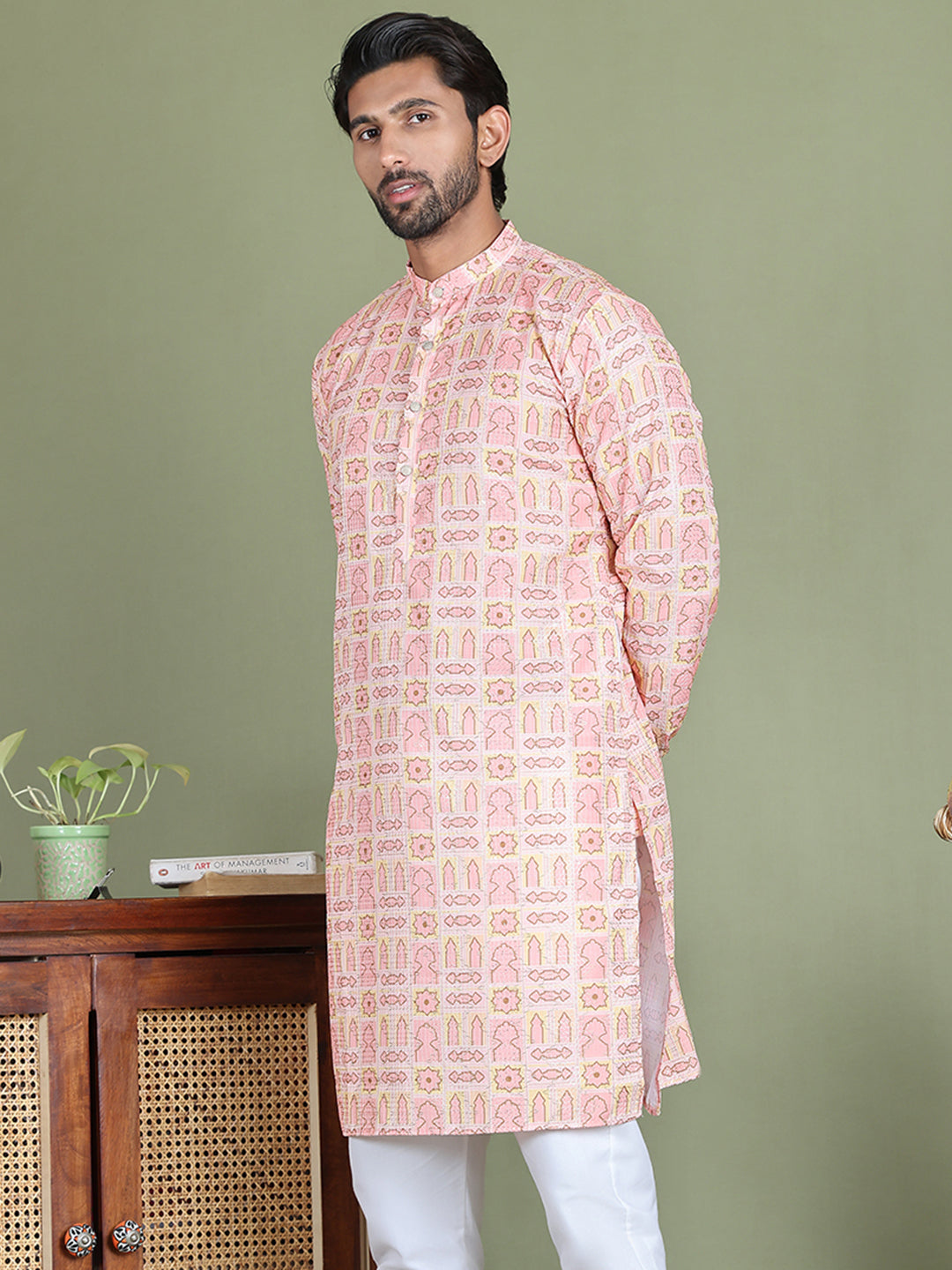 Embroidered and Printed Cotton Blend Kurtas. ( ko 5141Peach )