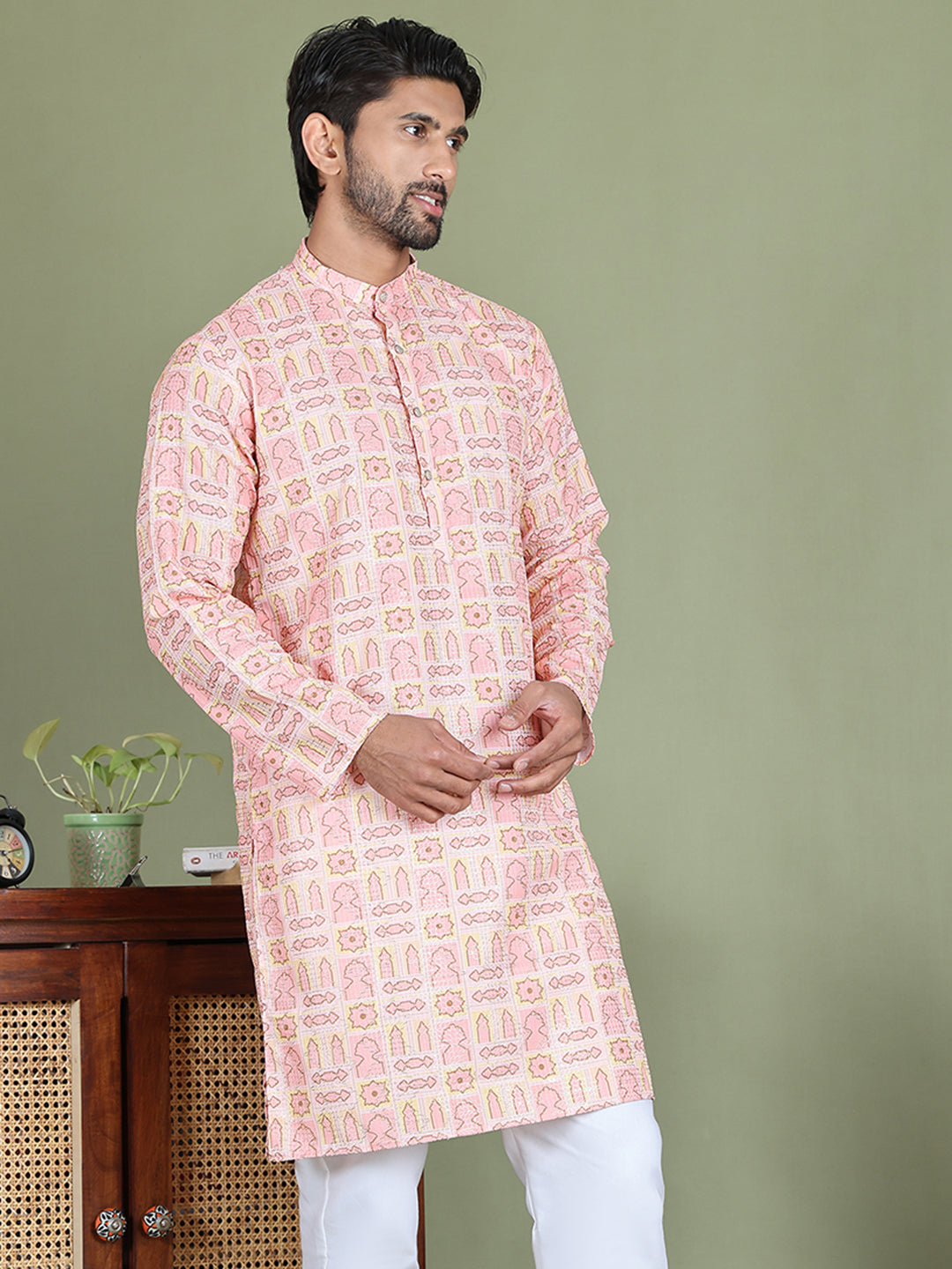 Embroidered and Printed Cotton Blend Kurtas. ( ko 5141Peach )
