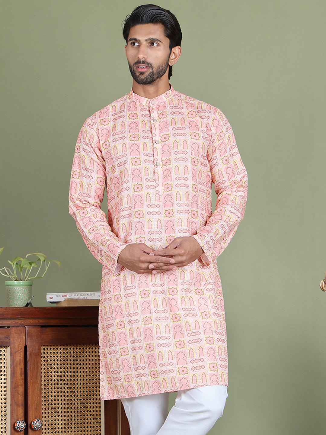 Embroidered and Printed Cotton Blend Kurtas. ( ko 5141Peach )