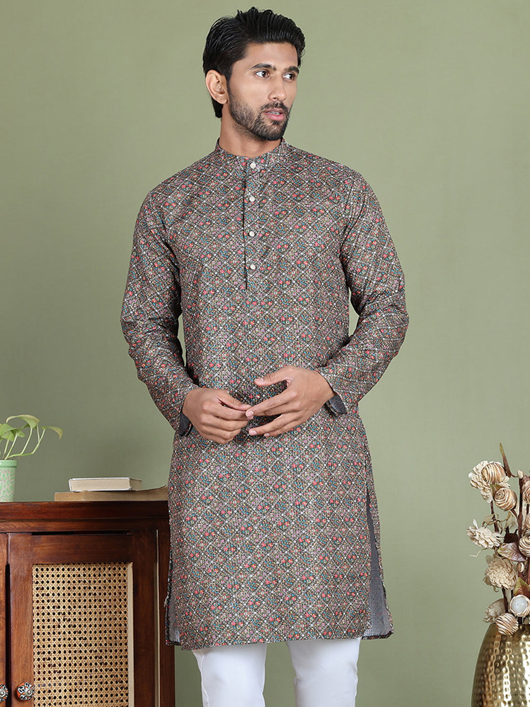 Embroidered and Printed Cotton Blend Kurtas. ( ko 5142Olive )