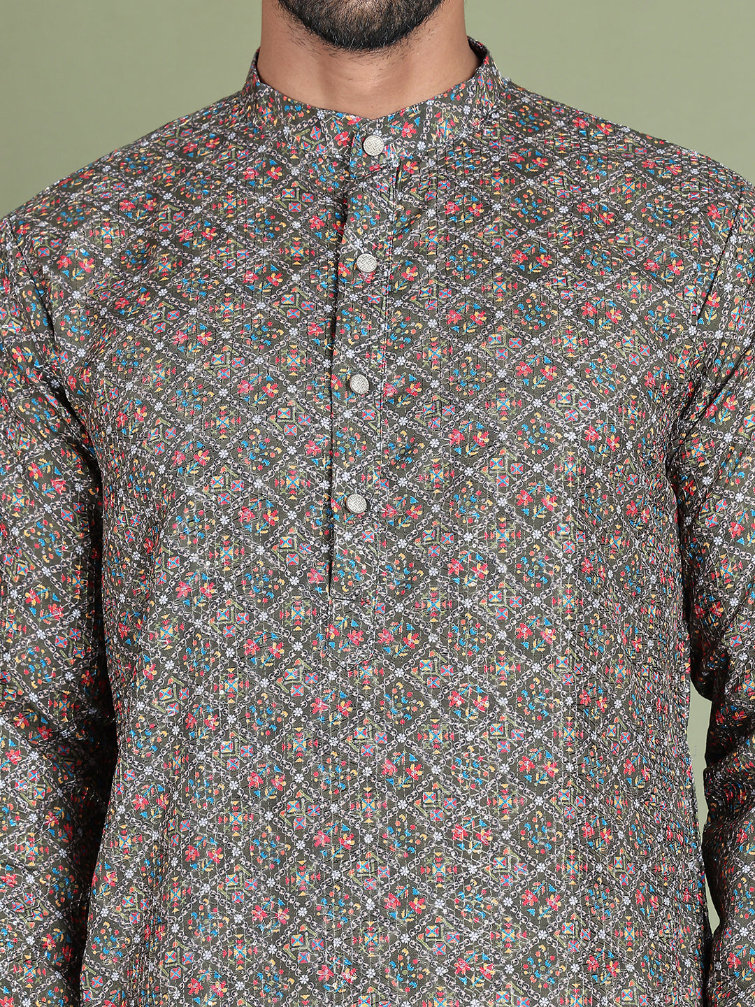 Embroidered and Printed Cotton Blend Kurtas. ( ko 5142Olive )
