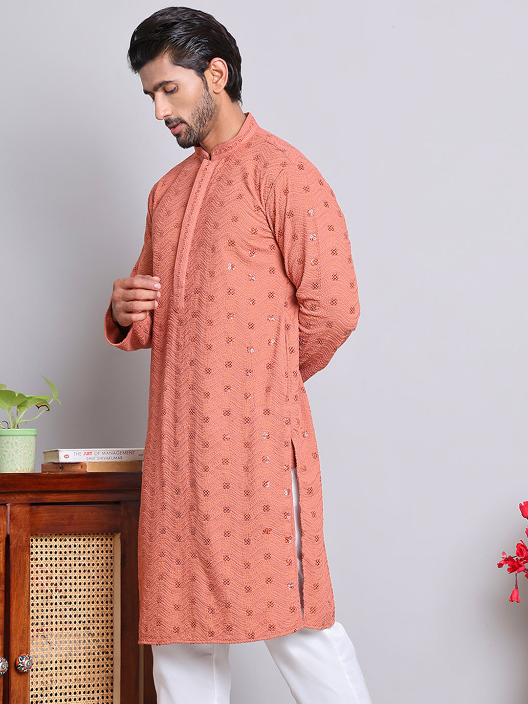 Men's Embroidered and Sequence Kurtas ( KO 5145Peach )