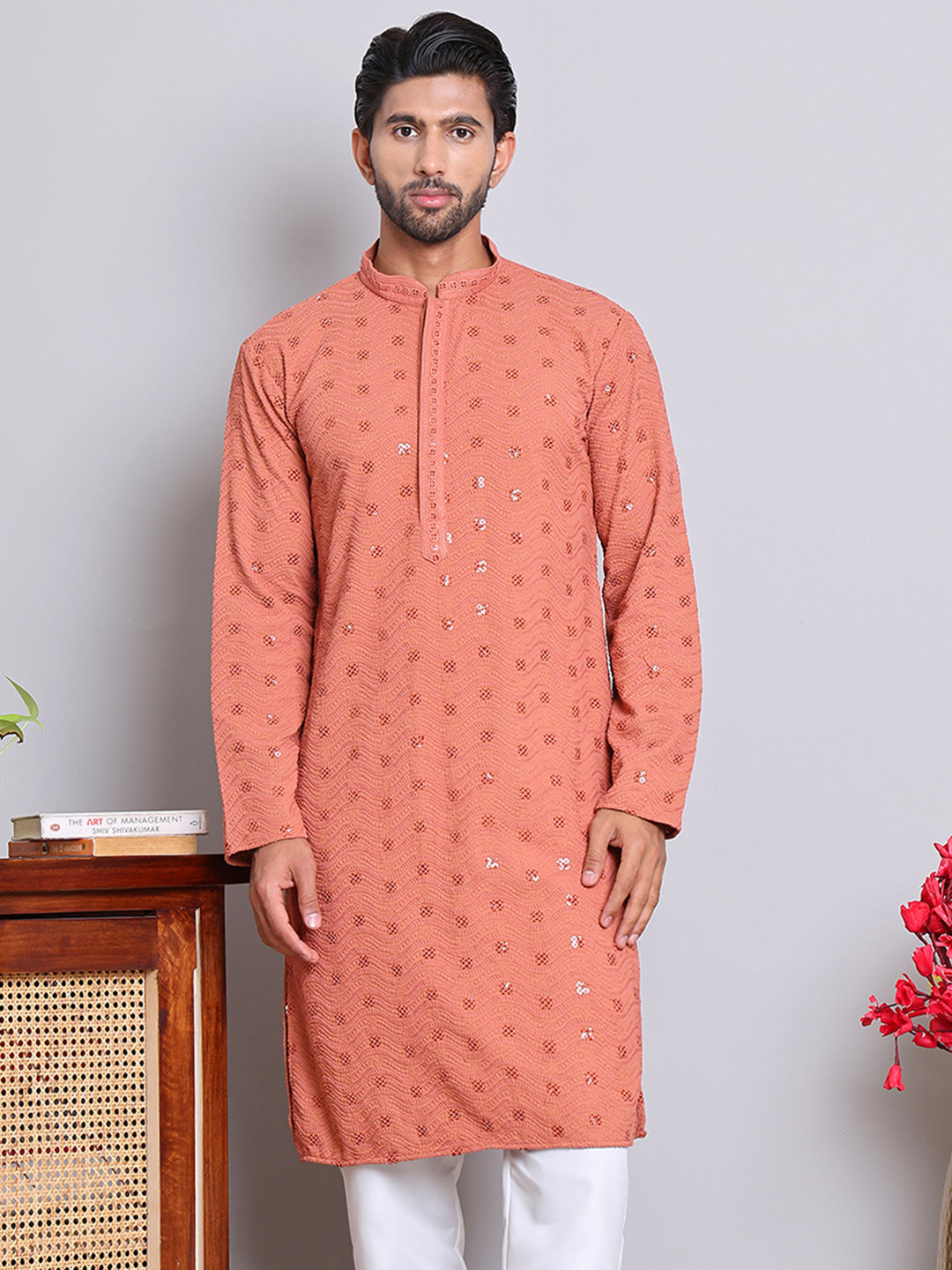 Men's Embroidered and Sequence Kurtas ( KO 5145Peach )