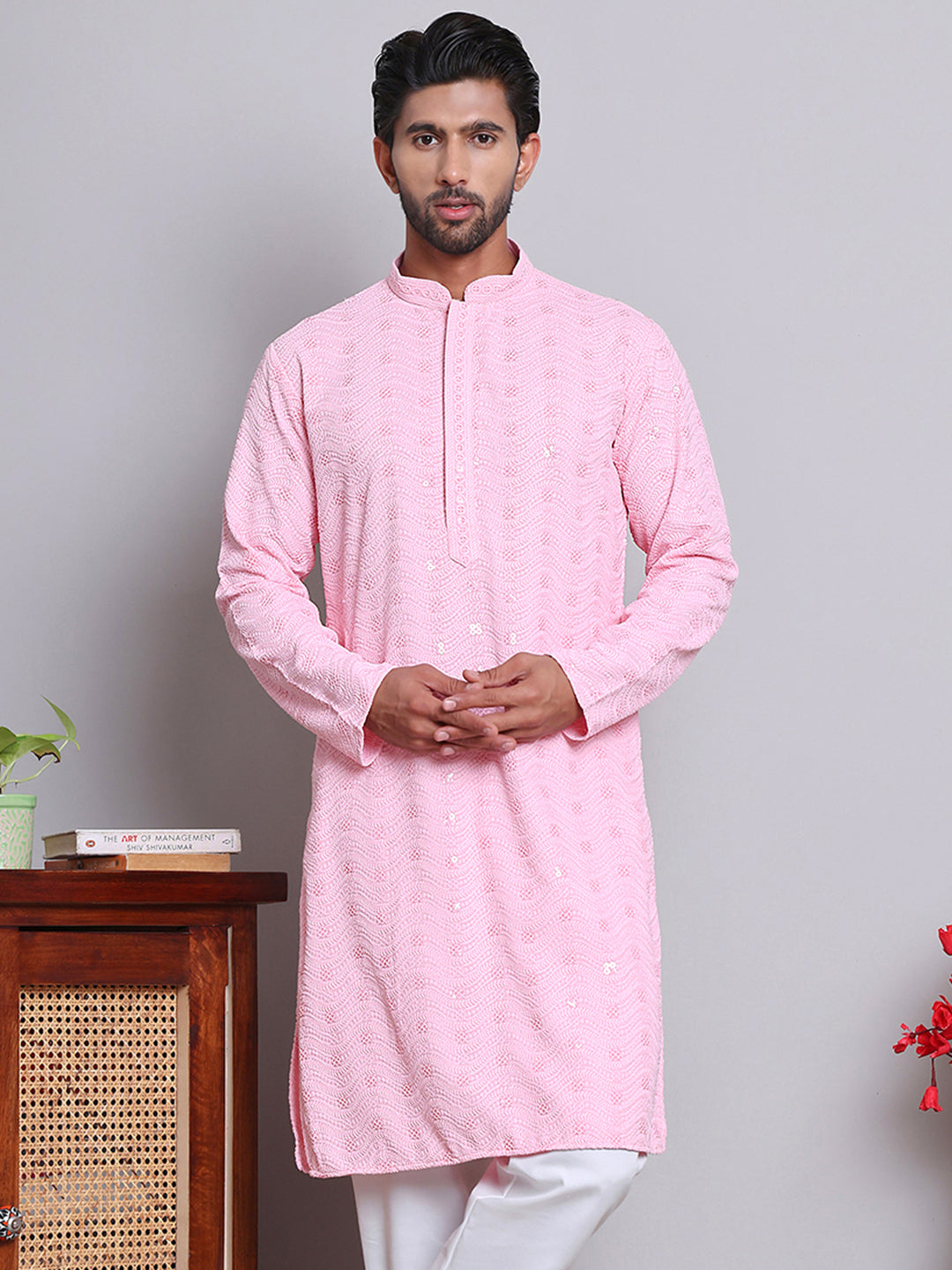 Men's Embroidered and Sequence Kurtas ( KO 5145Pink )