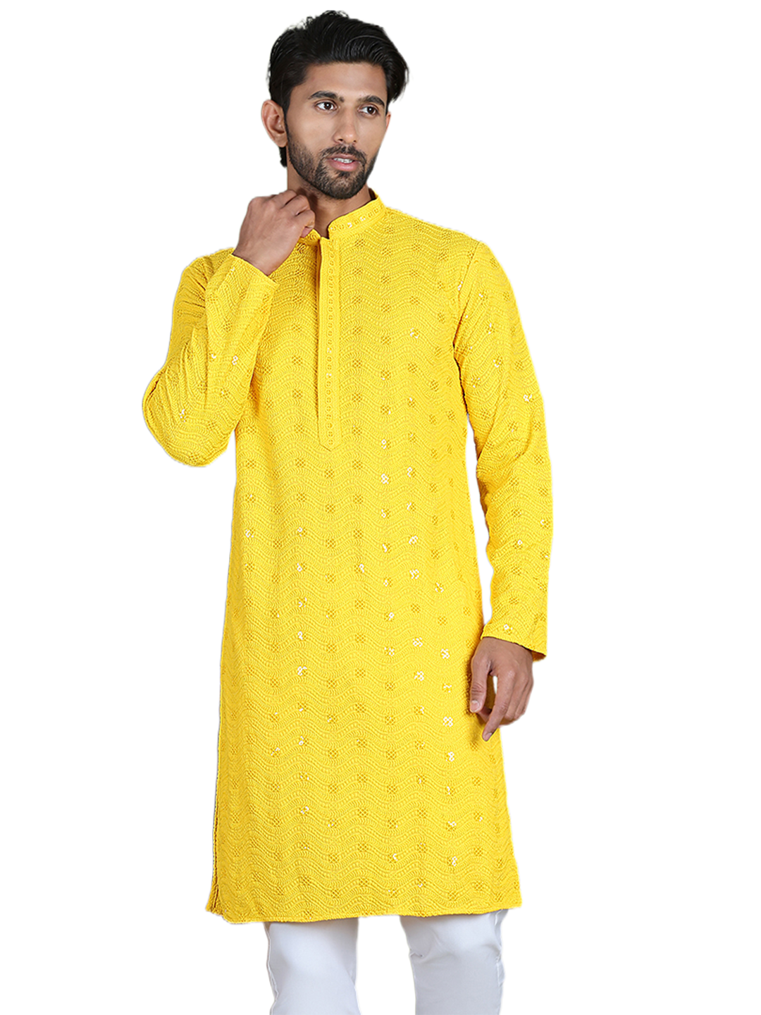 Men's Embroidered and Sequence Kurtas. ( ko 5145Yellow )