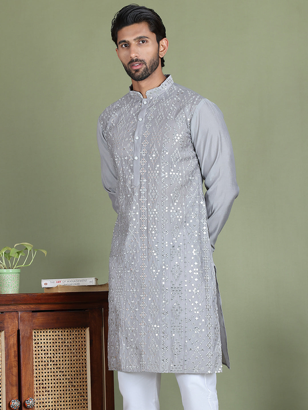 Embroidered and Mirror Work Kurtas for Men ( ko 5149Grey )