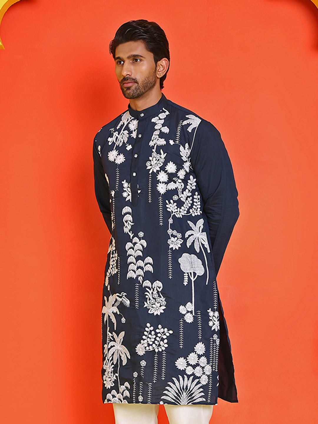 Embroidered Straight Kurtas for Men ( KO 5150 Navy )