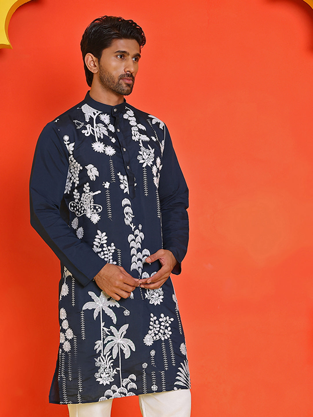 Embroidered Straight Kurtas for Men ( KO 5150 Navy )