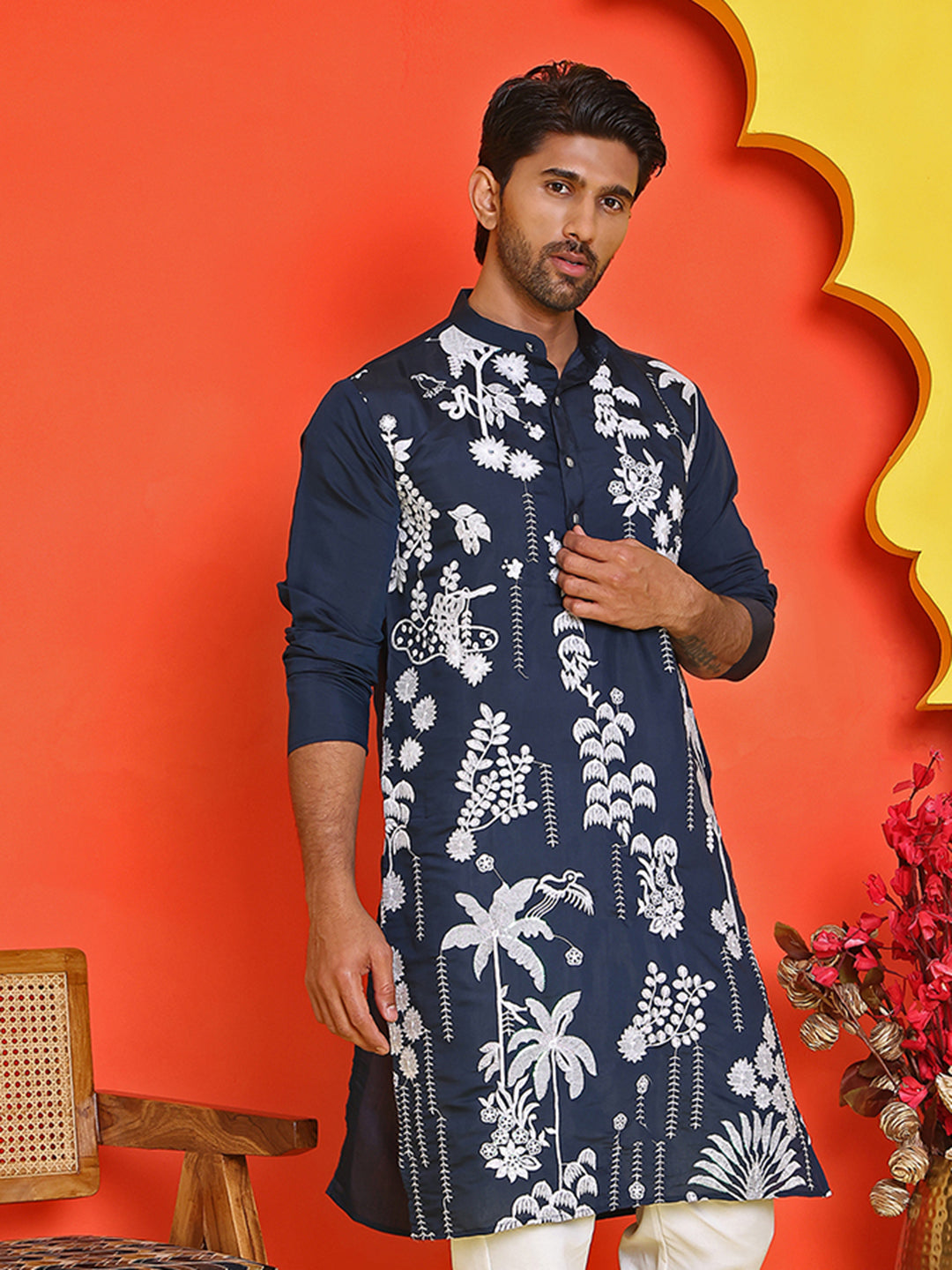 Embroidered Straight Kurtas for Men ( KO 5150 Navy )