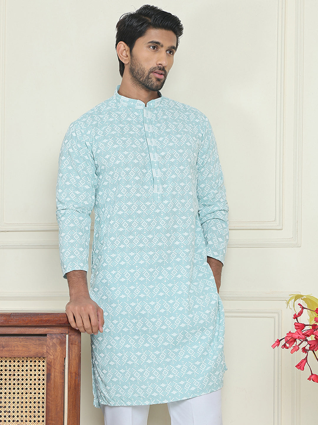 Embroidered and Sequins straight Kurtas for Men ( KO 5157 Blue )