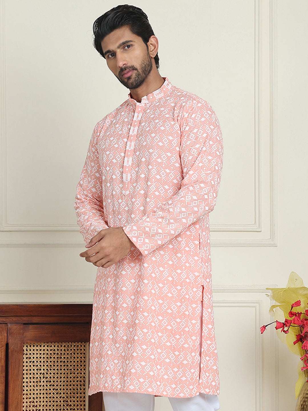 Embroidered and Sequins straight Kurtas for Men ( KO 5157 Peach )