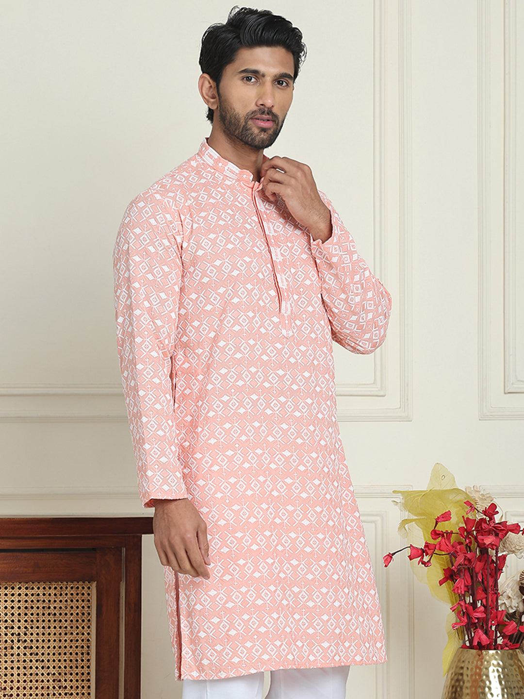 Embroidered and Sequins straight Kurtas for Men ( KO 5157 Peach )