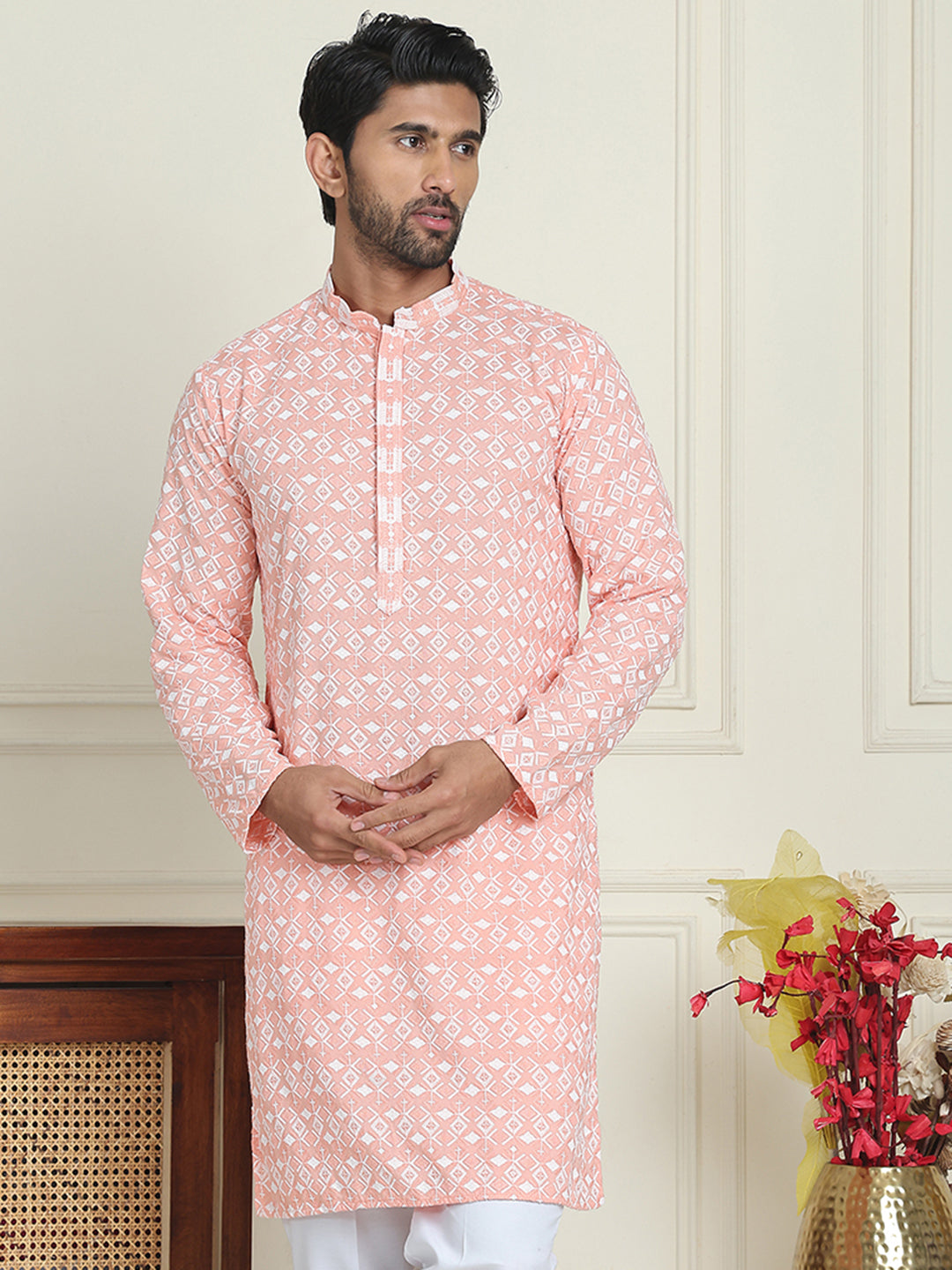 Embroidered and Sequins straight Kurtas for Men ( KO 5157 Peach )