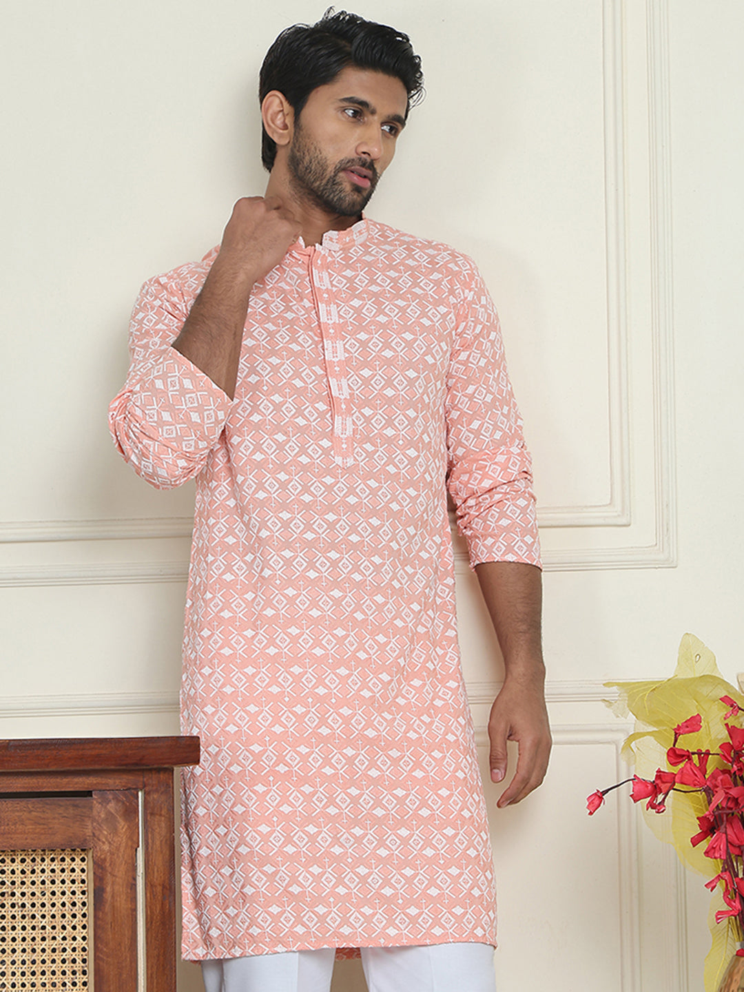 Embroidered and Sequins straight Kurtas for Men ( KO 5157 Peach )