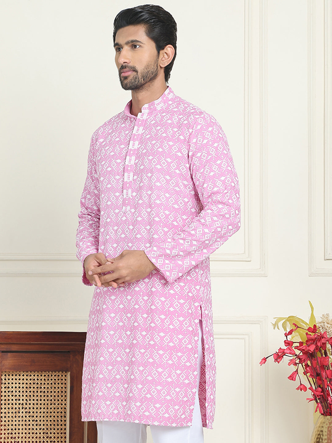 Embroidered and Sequins straight Kurtas for Men ( KO 5157 Pink )