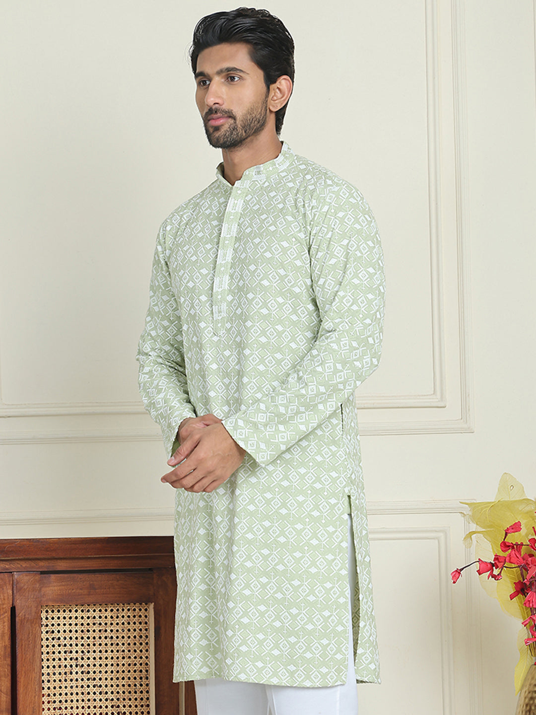 Embroidered and Sequins straight Kurtas for Men ( KO 5157 Pista )