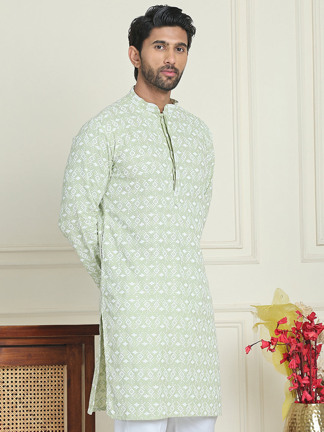 Embroidered and Sequins straight Kurtas for Men ( KO 5157 Pista )
