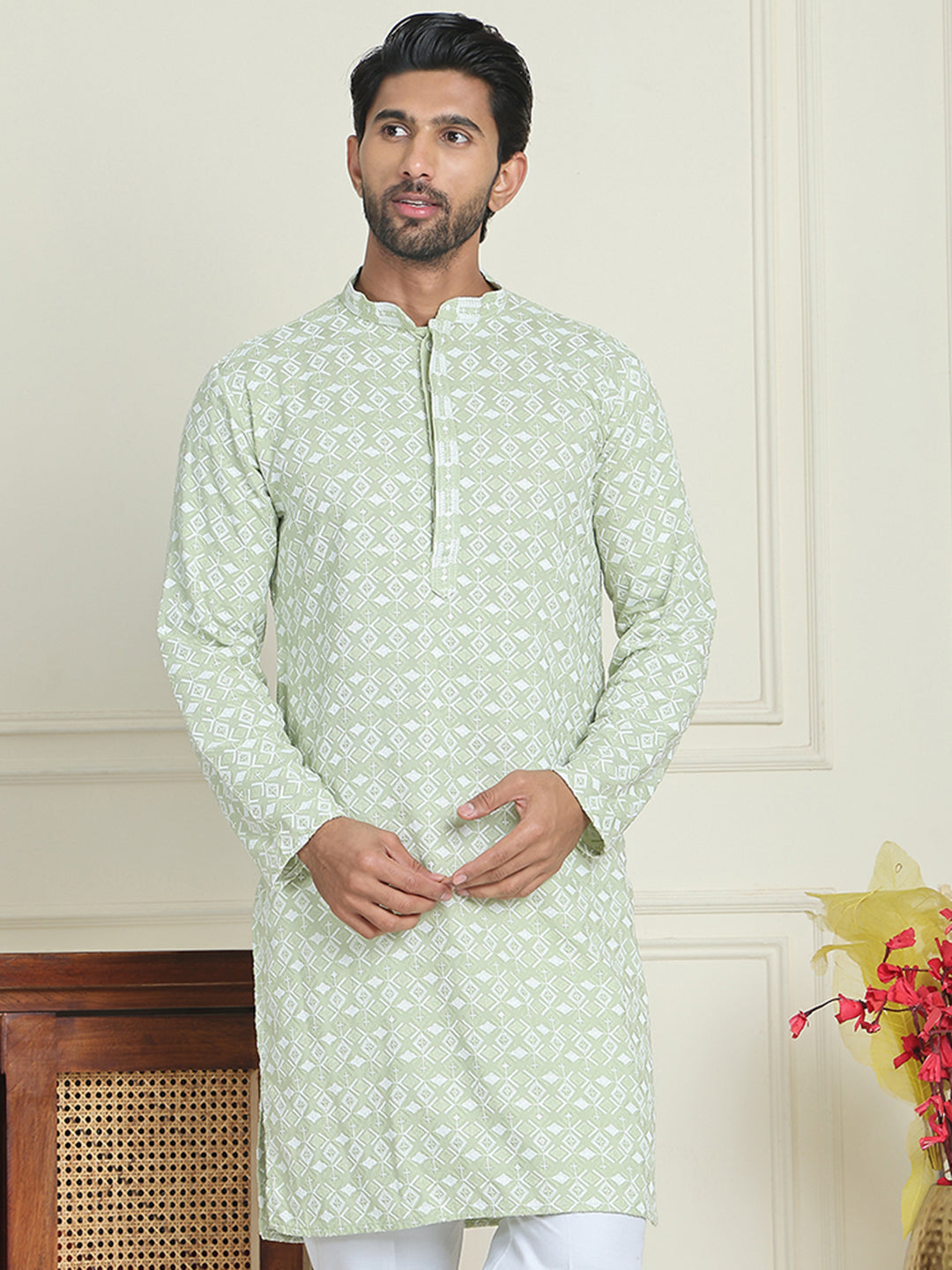 Embroidered and Sequins straight Kurtas for Men ( KO 5157 Pista )