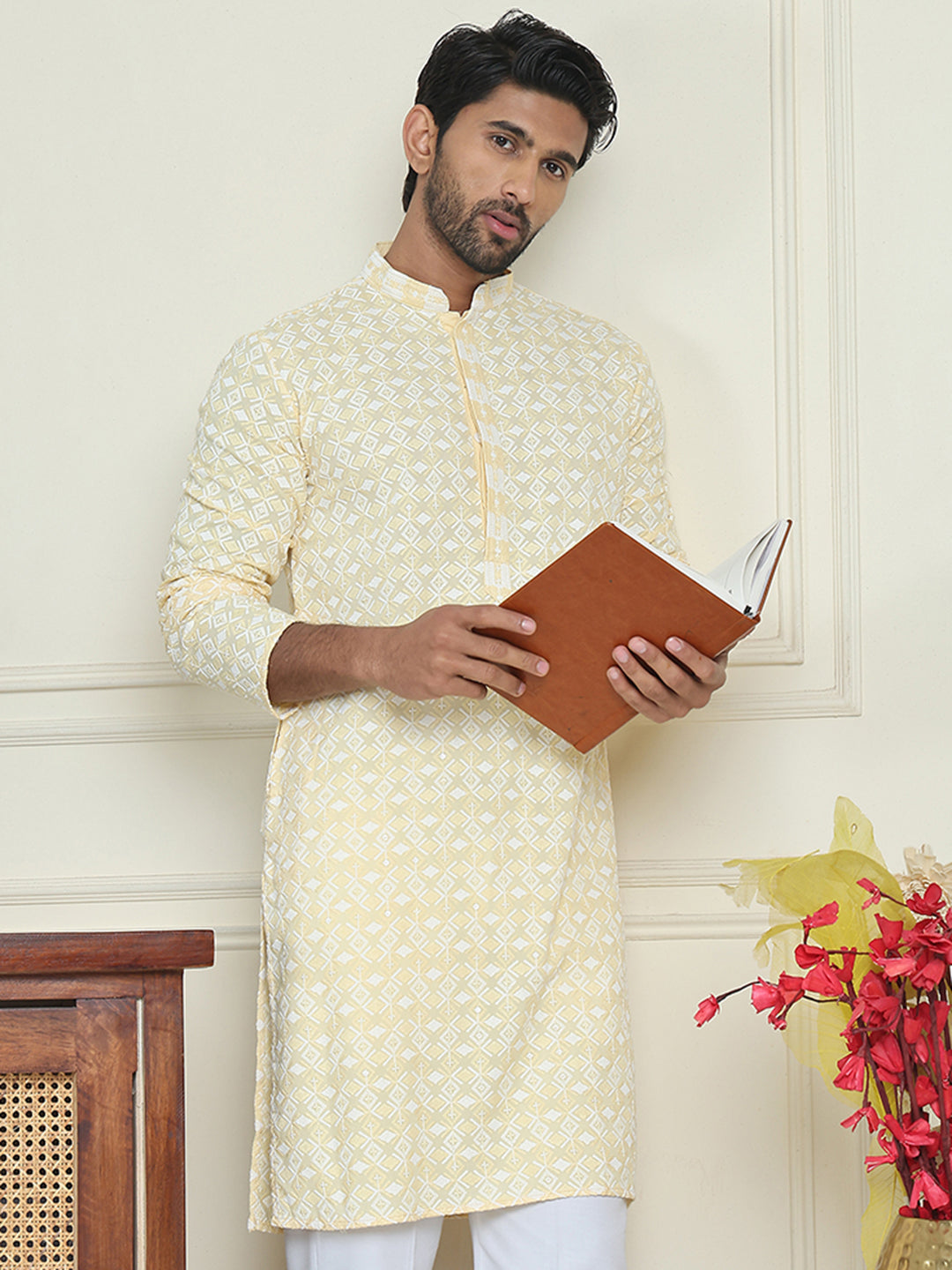 Embroidered and Sequins straight Kurtas for Men ( KO 5157 Yellow )