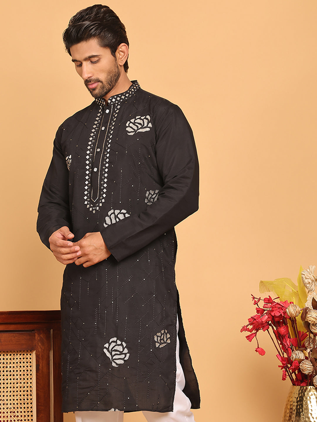 Men's Sequins and Embroidered Kurtas. ( KO 5159 Black )