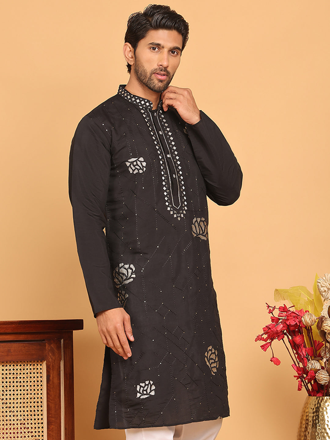 Men's Sequins and Embroidered Kurtas. ( KO 5159 Black )