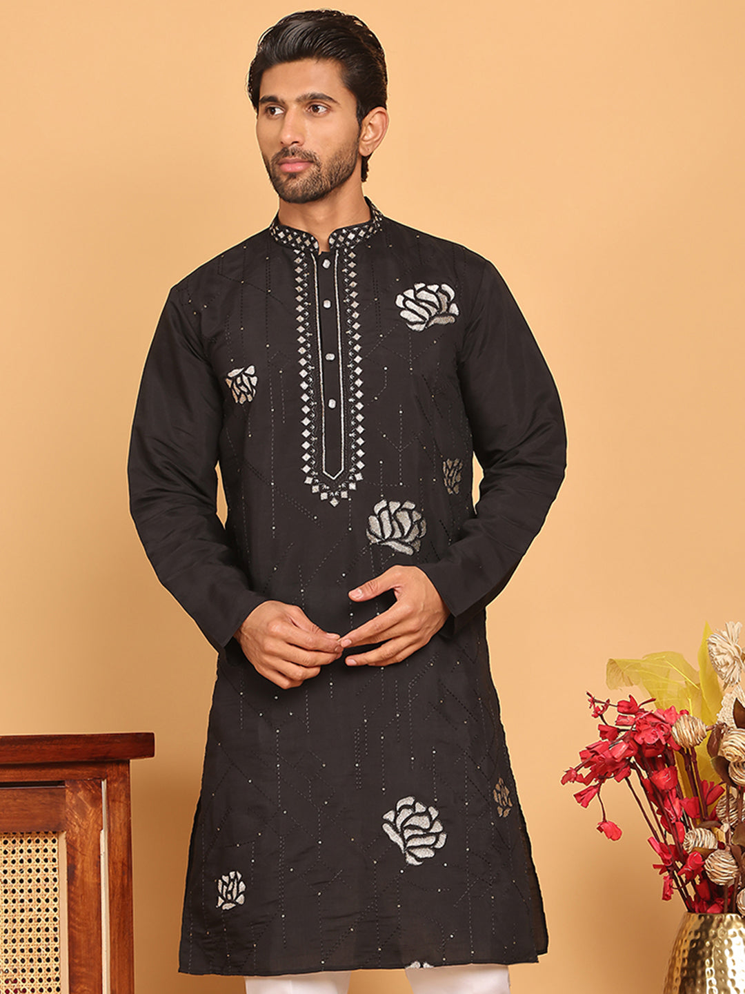 Men's Sequins and Embroidered Kurtas. ( KO 5159 Black )
