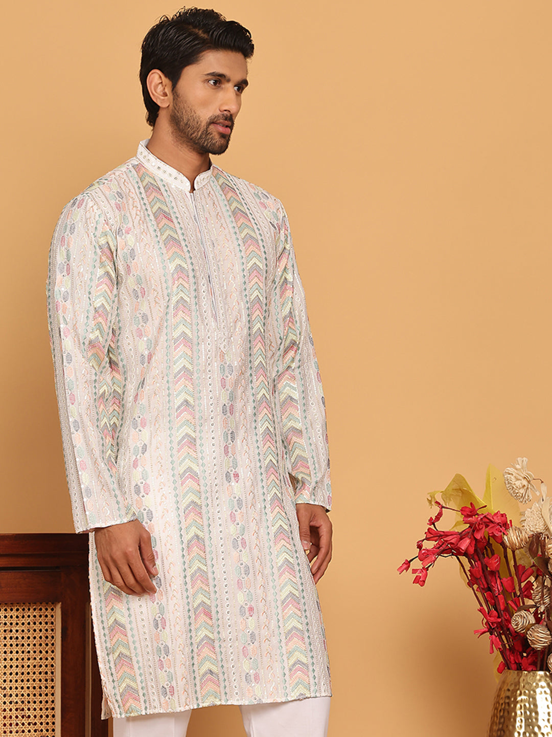 Embroidered and Sequins Kurtas for Men ( KO 5161 White )