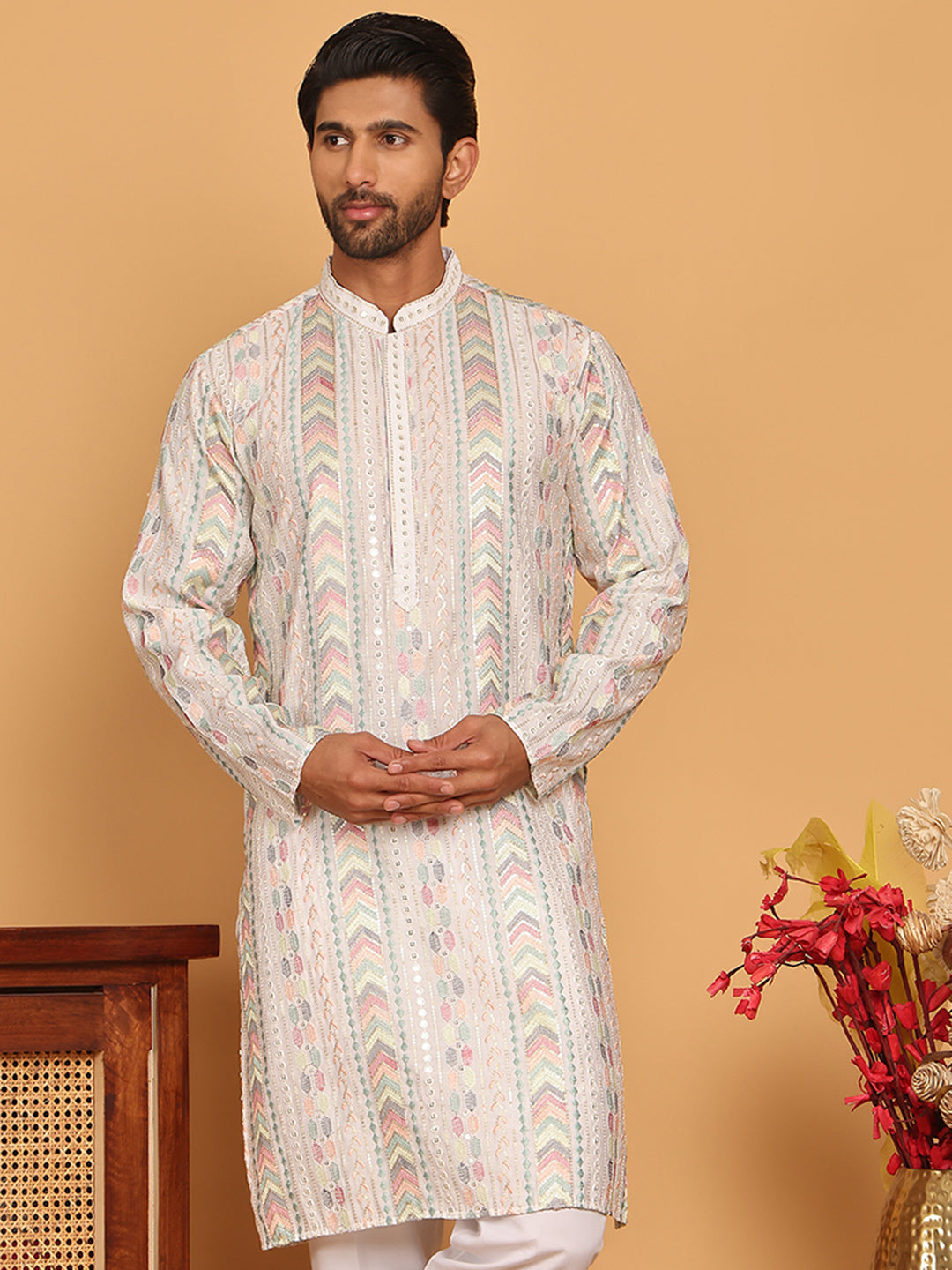 Embroidered and Sequins Kurtas for Men ( KO 5161 White )