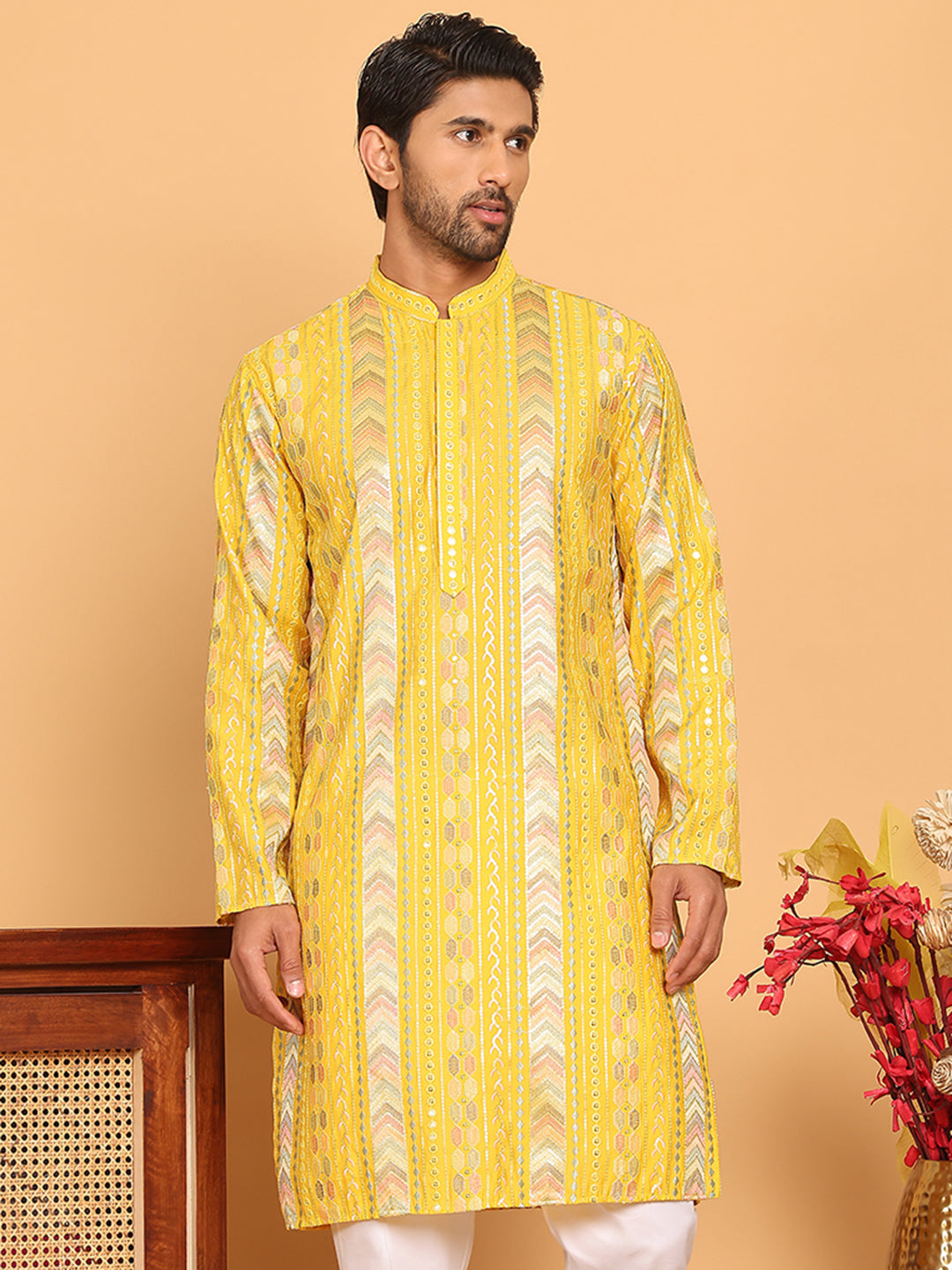 Embroidered and Sequins Kurtas for Men ( KO 5161 Yellow )