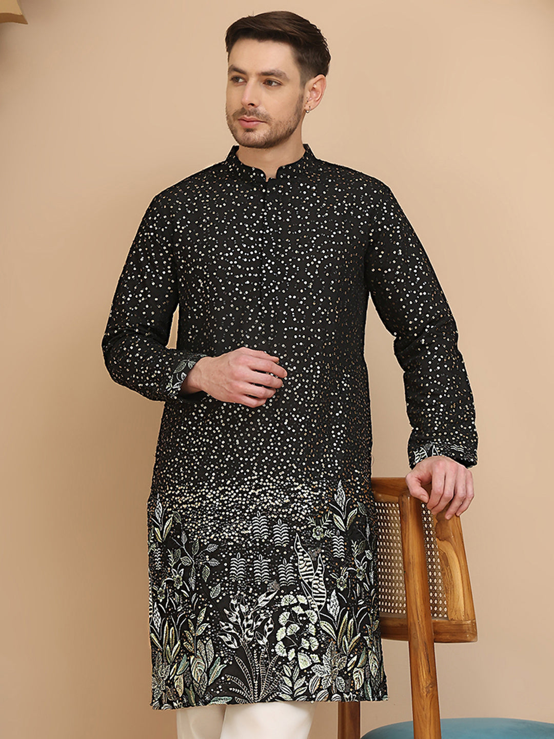 Embroidered and Sequins Silk Blend Kurtas ( KO 5169 Black )