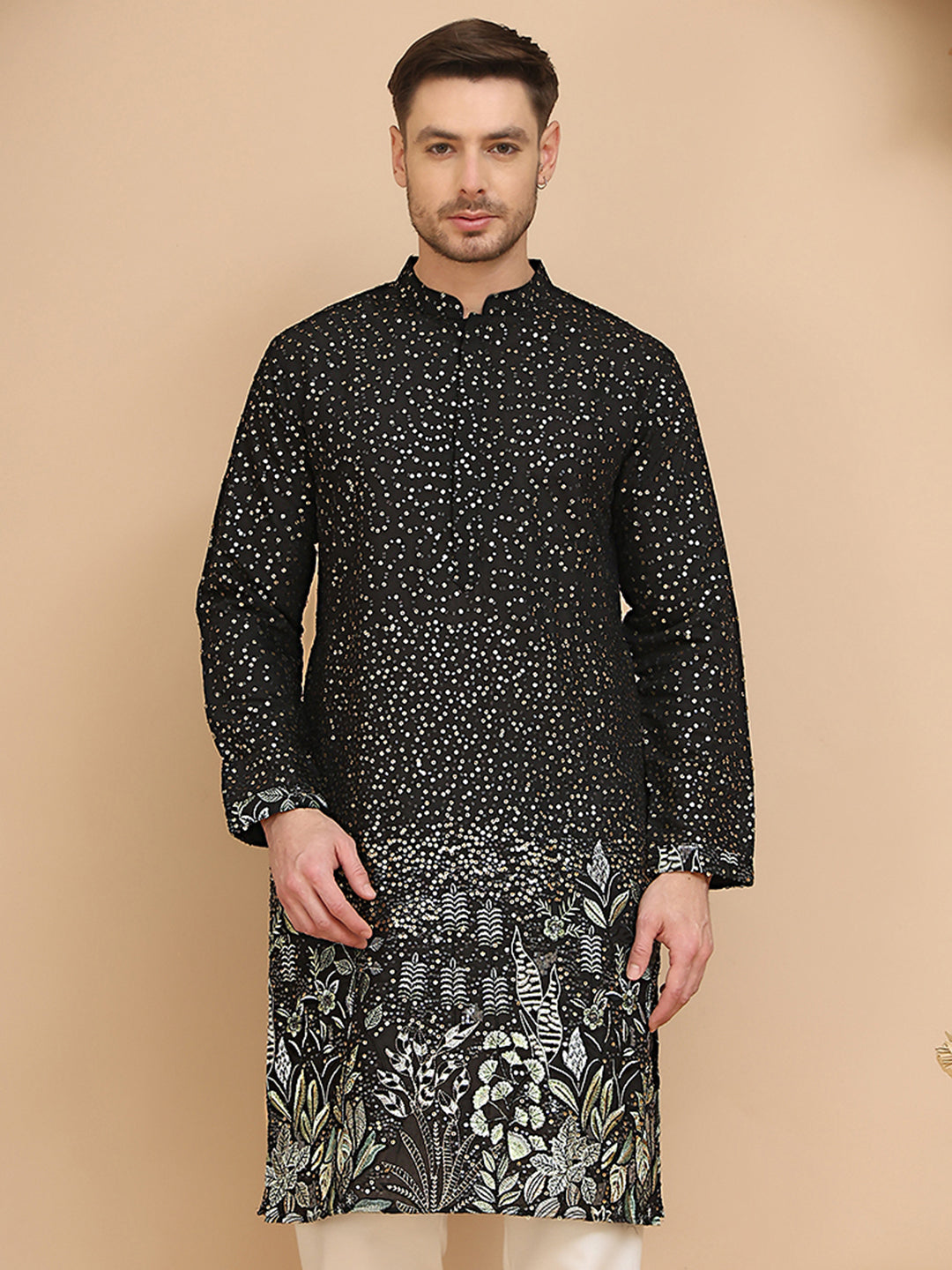Embroidered and Sequins Silk Blend Kurtas ( KO 5169 Black )