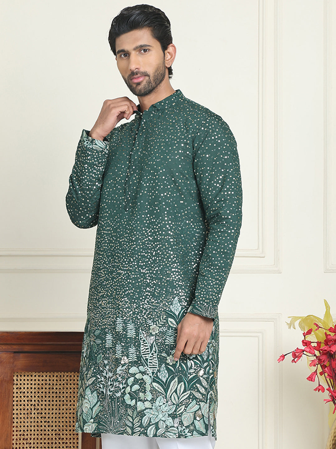 Embroidered and Sequins Silk Blend Kurtas. ( KO 5169 Olive )