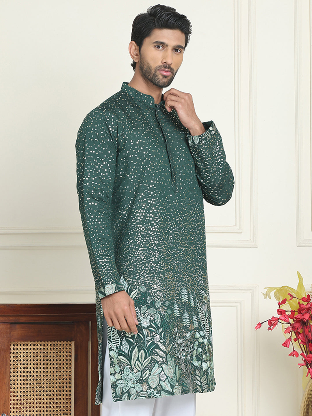 Embroidered and Sequins Silk Blend Kurtas. ( KO 5169 Olive )
