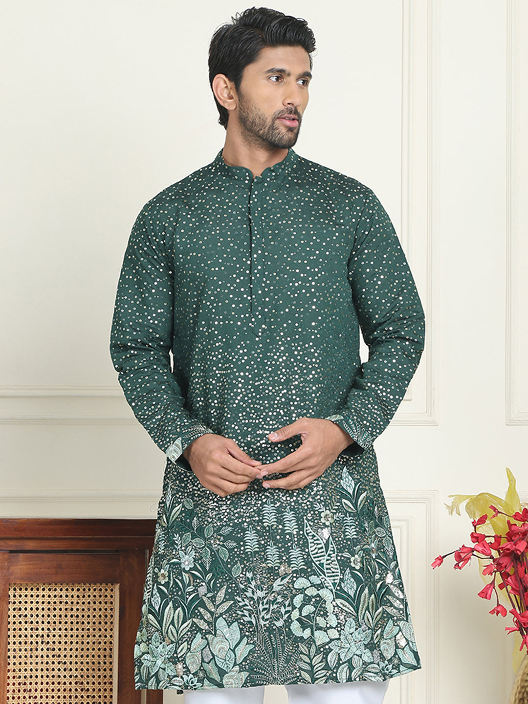 Embroidered and Sequins Silk Blend Kurtas. ( KO 5169 Olive )