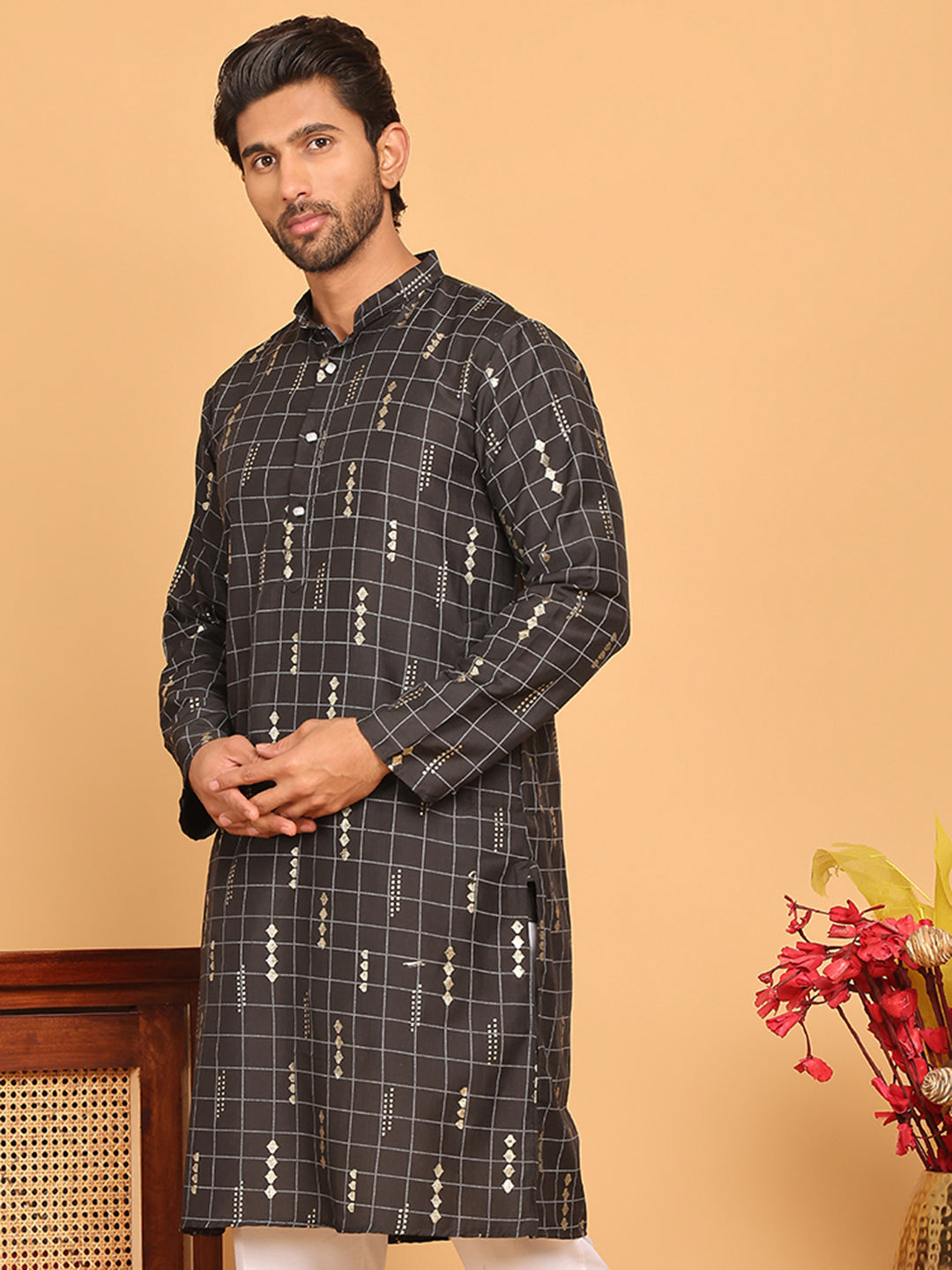 Foil Printed Straight Kurtas For Men ( KO 5170 Black )