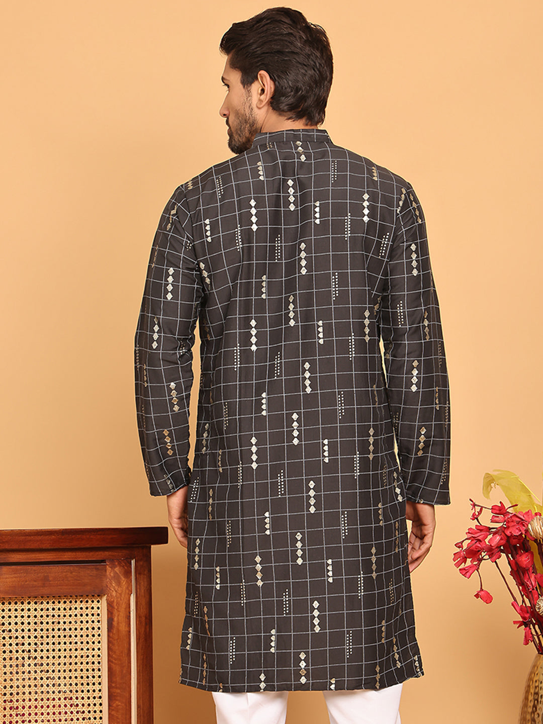 Foil Printed Straight Kurtas For Men ( KO 5170 Black )