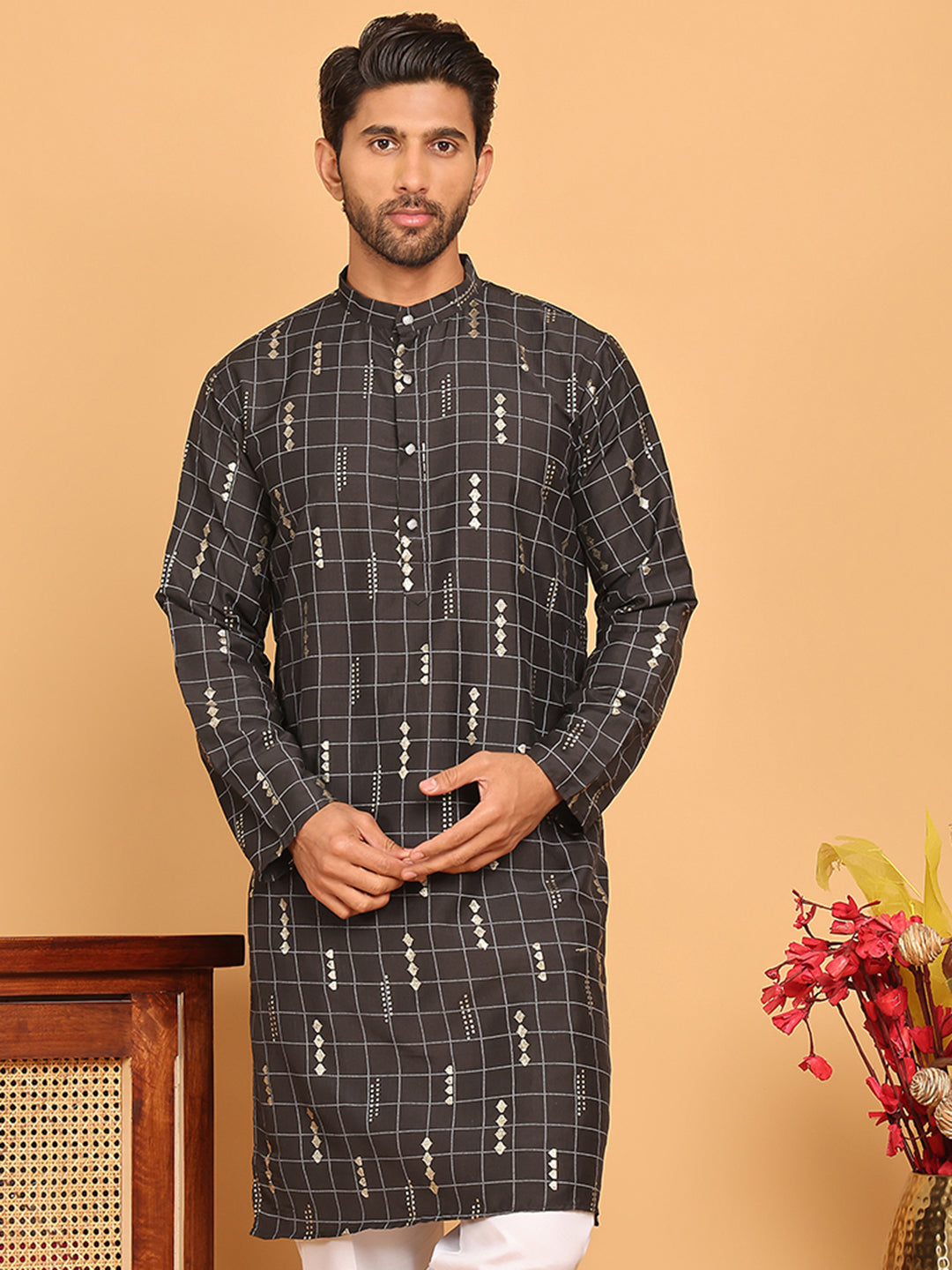 Foil Printed Straight Kurtas For Men ( KO 5170 Black )