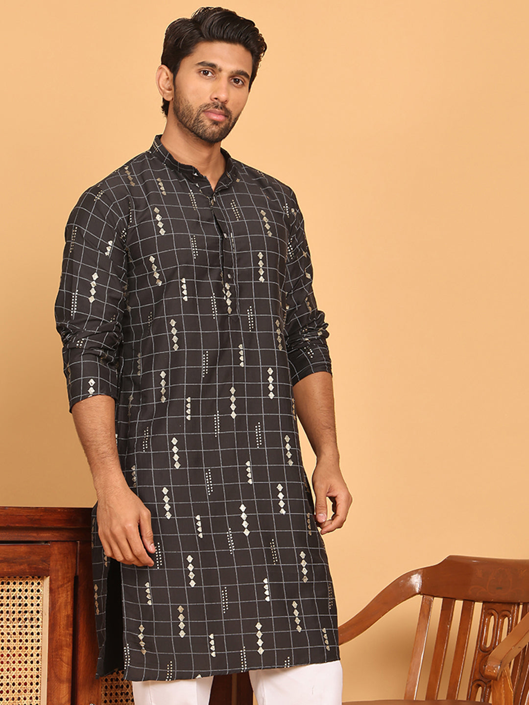 Foil Printed Straight Kurtas For Men ( KO 5170 Black )