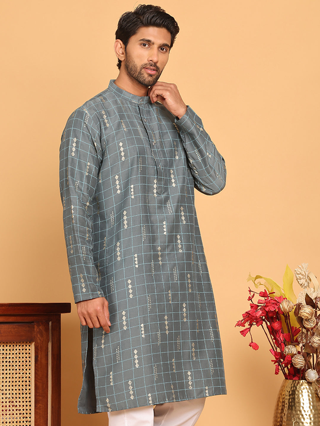 Foil Printed Straight Kurtas For Men ( KO 5170 Grey )