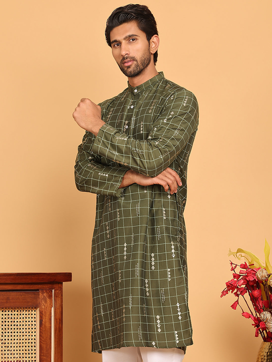 Foil Printed Straight Kurtas For Men ( KO 5170 Olive )