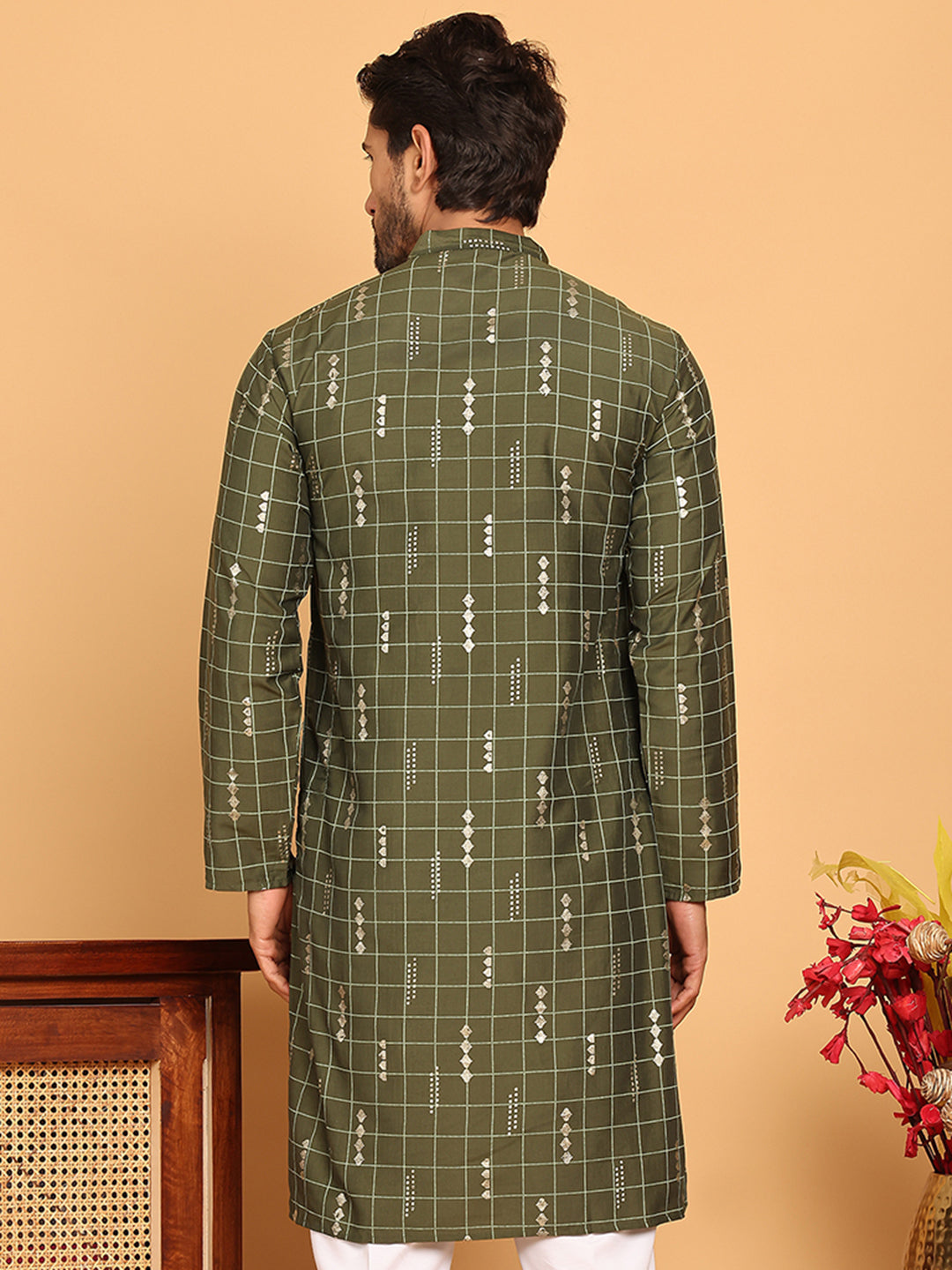 Foil Printed Straight Kurtas For Men ( KO 5170 Olive )