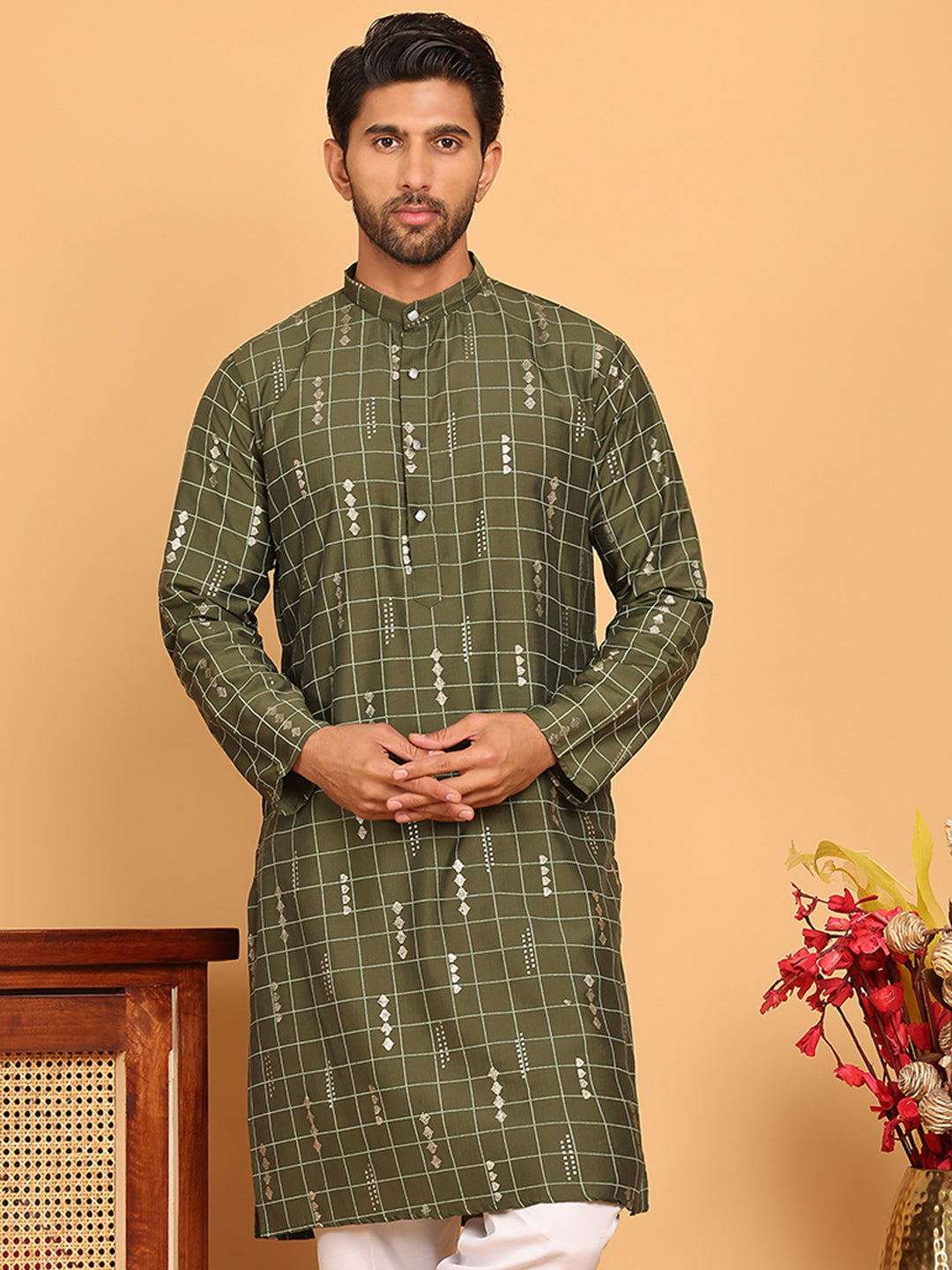 Foil Printed Straight Kurtas For Men ( KO 5170 Olive )