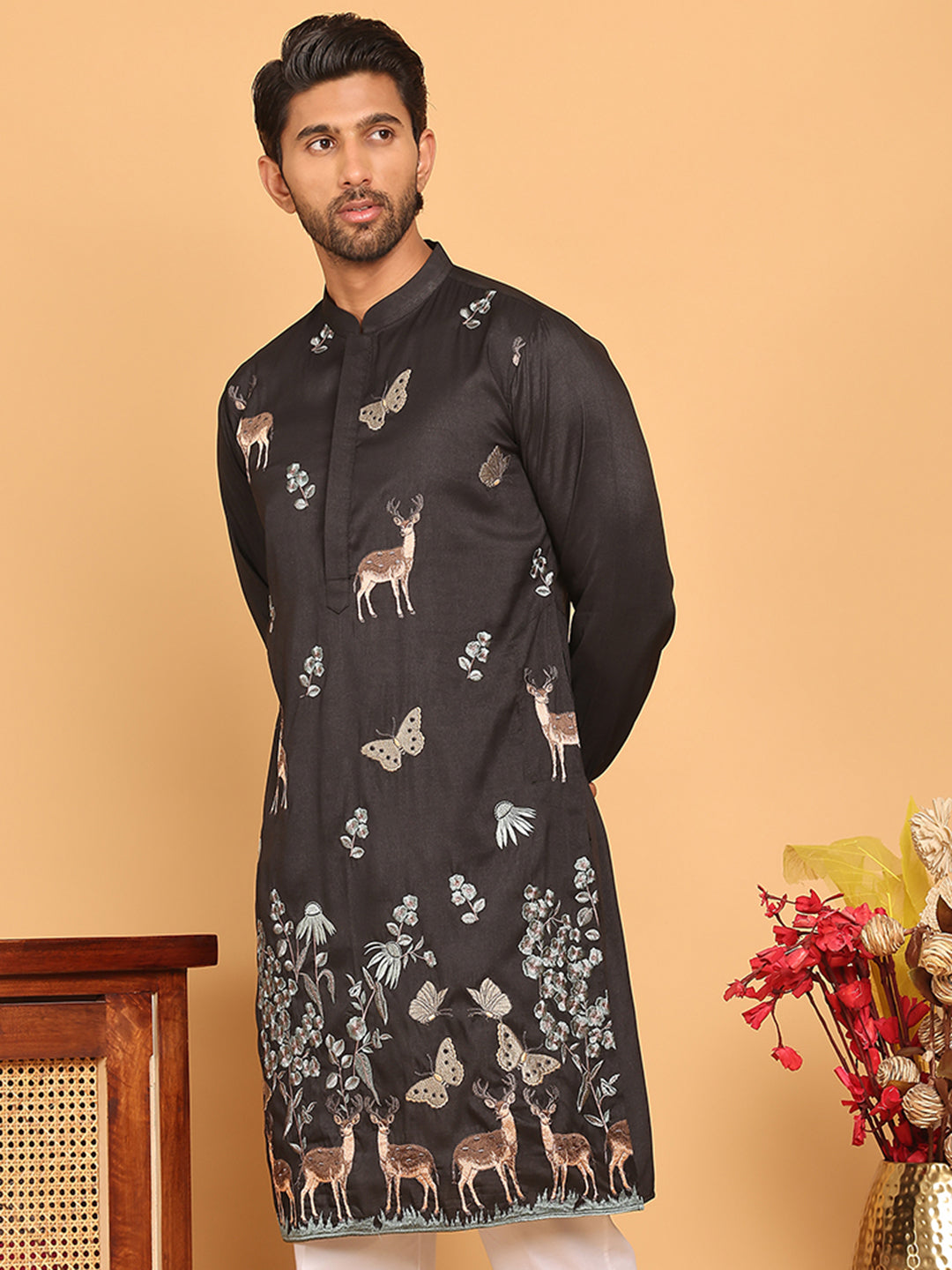 Embroidered Straight Kurtas For Men ( KO 5171 Black )