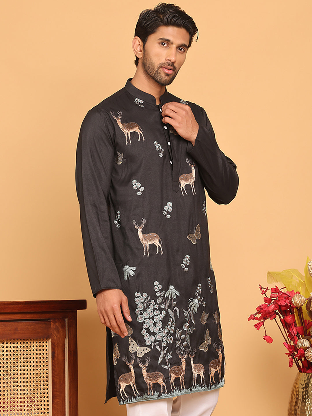 Embroidered Straight Kurtas For Men ( KO 5171 Black )