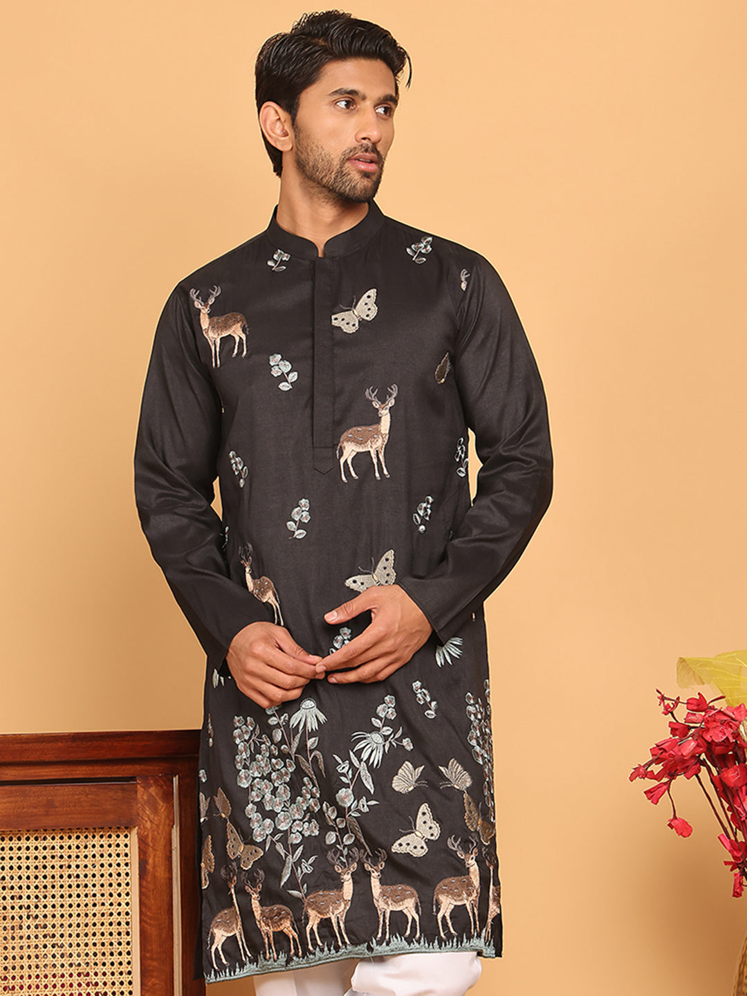 Embroidered Straight Kurtas For Men ( KO 5171 Black )