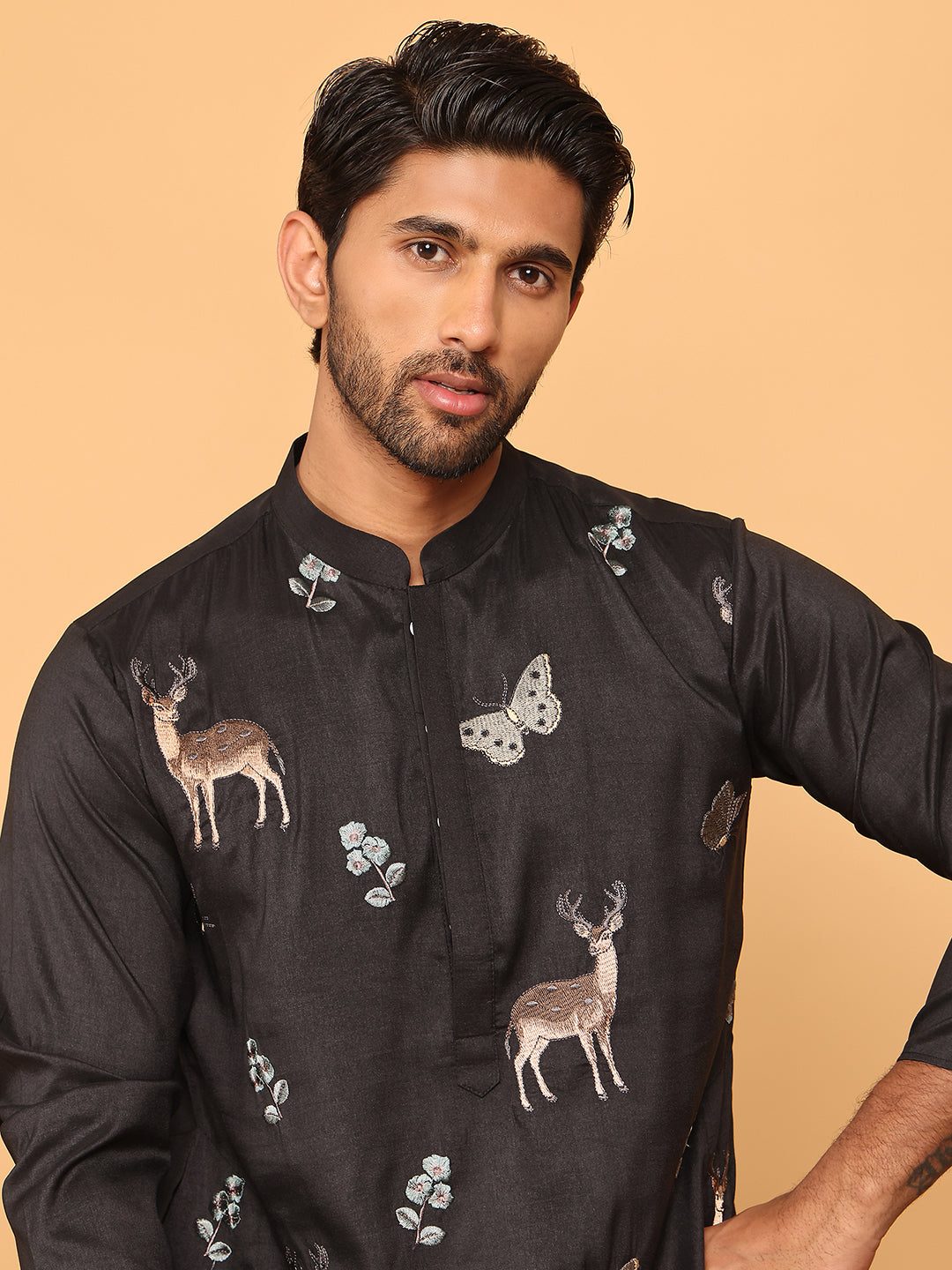 Embroidered Straight Kurtas For Men ( KO 5171 Black )