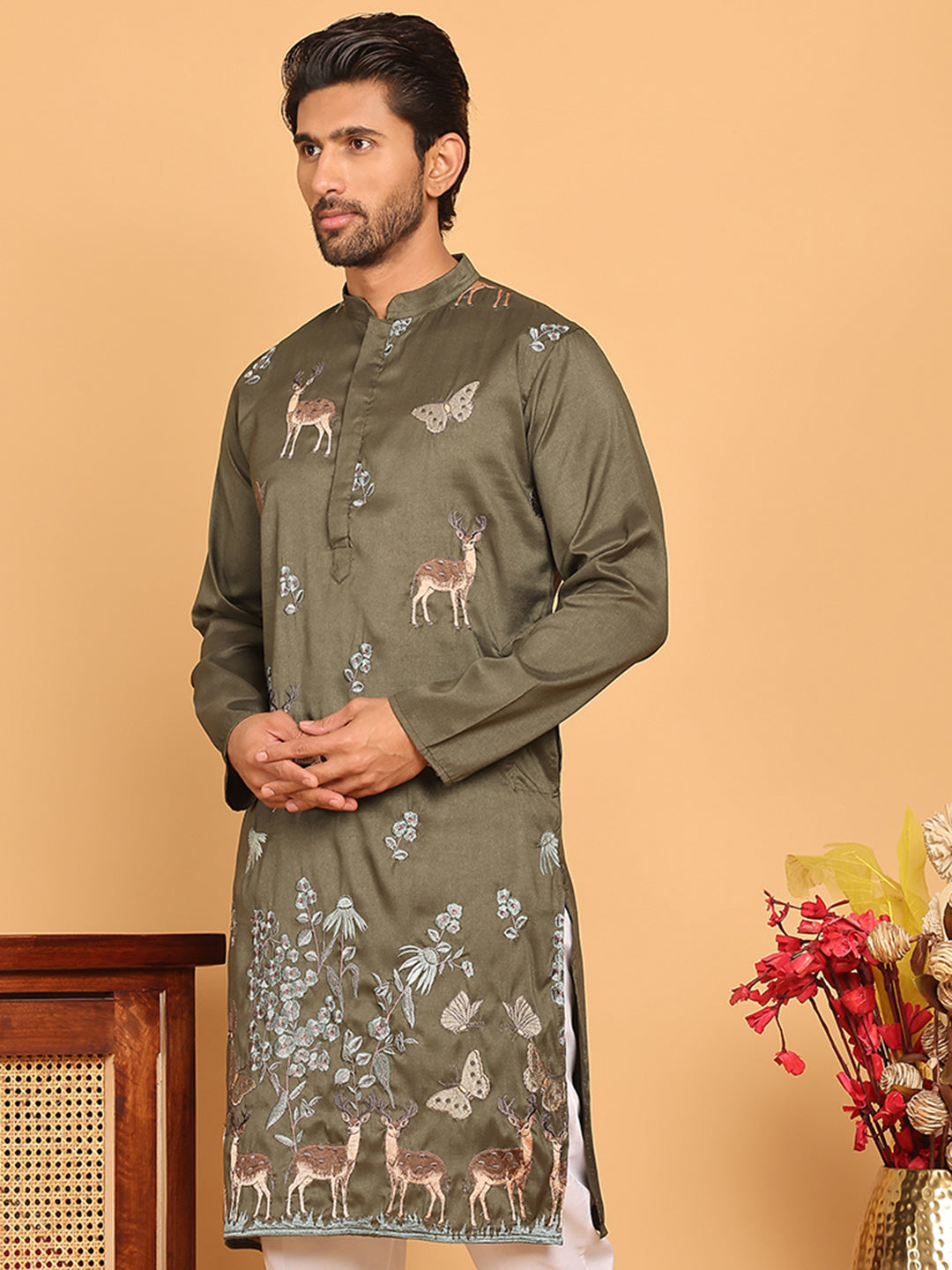 Embroidered Straight Kurtas For Men ( KO 5171 Olive )