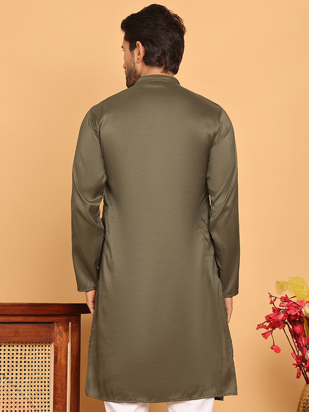 Embroidered Straight Kurtas For Men ( KO 5171 Olive )